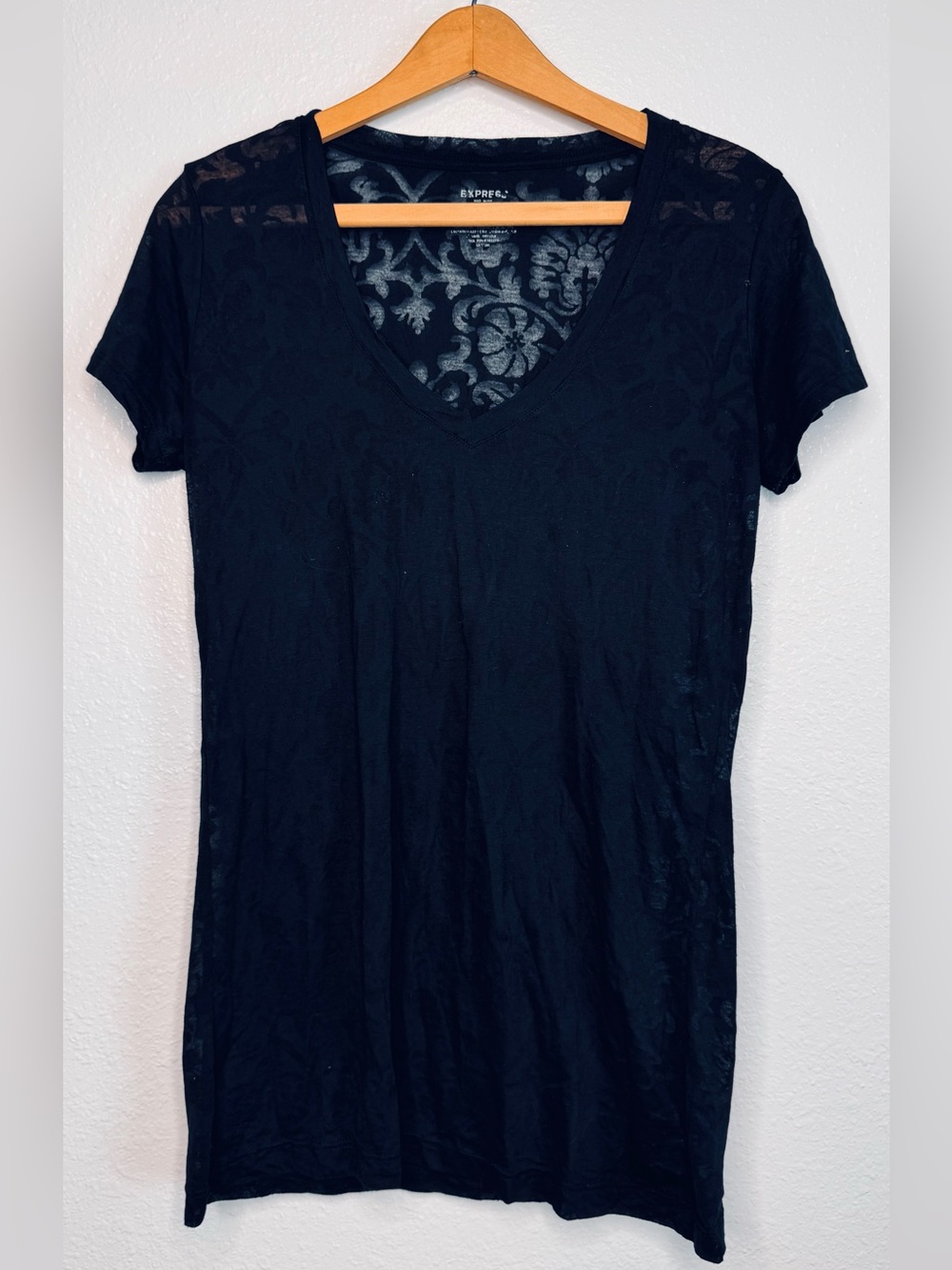 Vintage Y2K 00s Express Black V Neck T Shirt SHEER Lace Pattern Design sz M - L